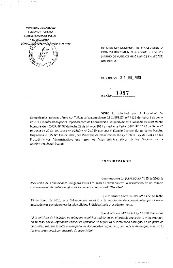 R EX Nº 1956 de 2013 Declara desistimiento de procedimiento para establecimiento de espacio costero marino Sector Trúa danquil.