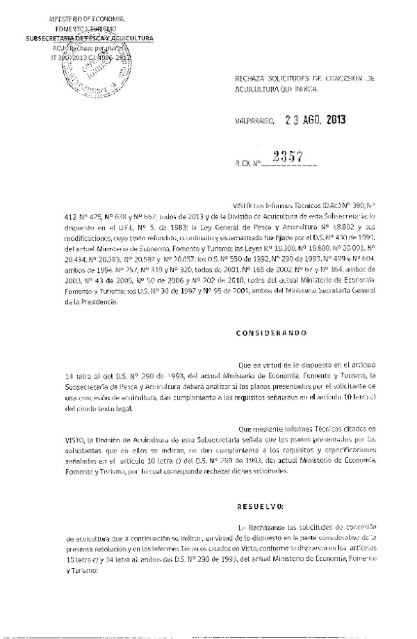 Resolución Nº 2357 de 2013 Rechaza.