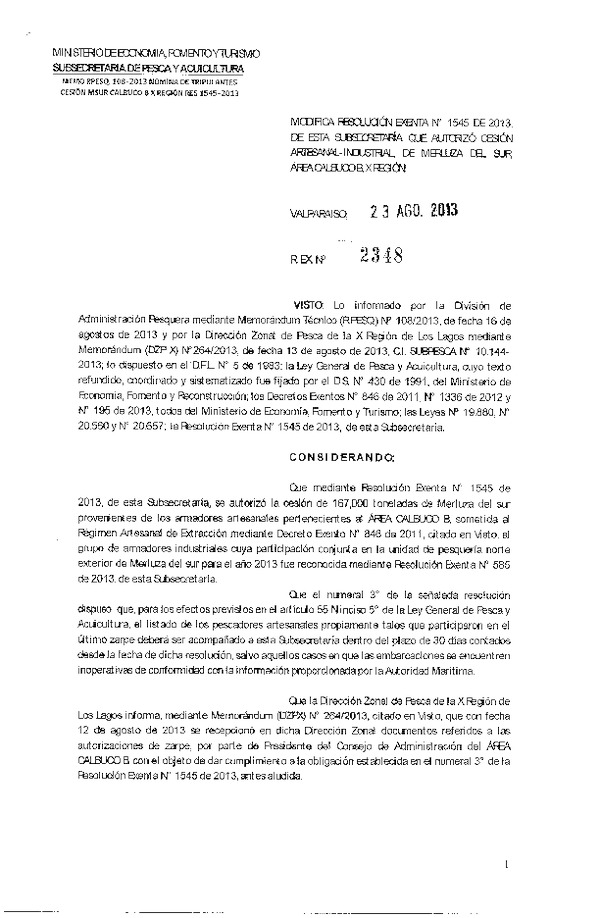 R EX Nº 2348-2013 Modifica R EX Nº 1545-2013 Cesión recurso Merluza del sur Calbuco B X Región.