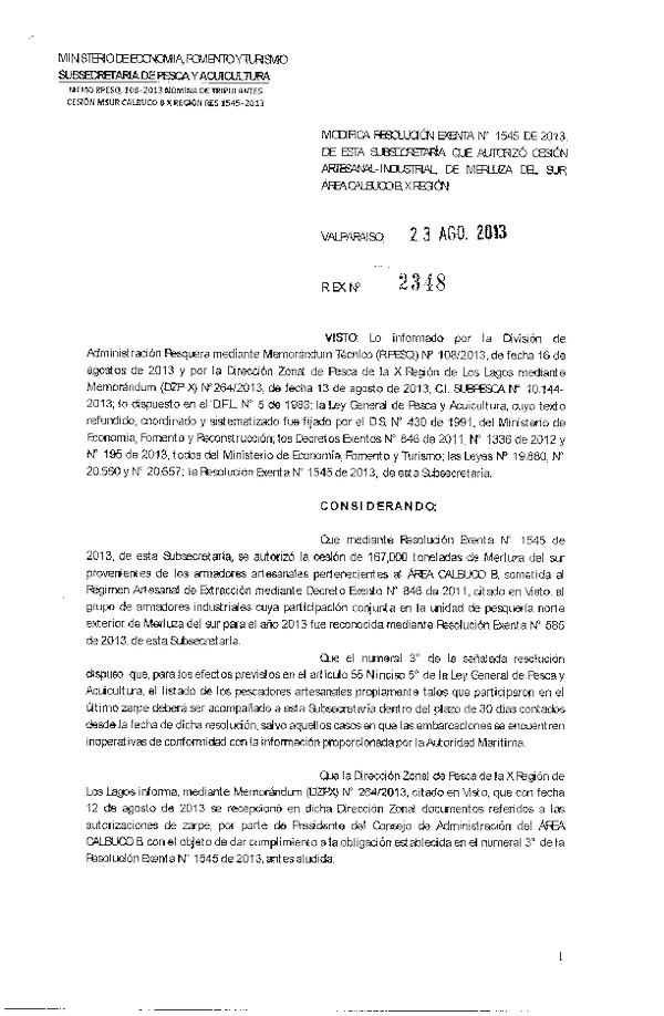 R EX Nº 2348-2013 Modifica R EX Nº 1545-2013 Cesión recurso Merluza del sur Calbuco B X Región.