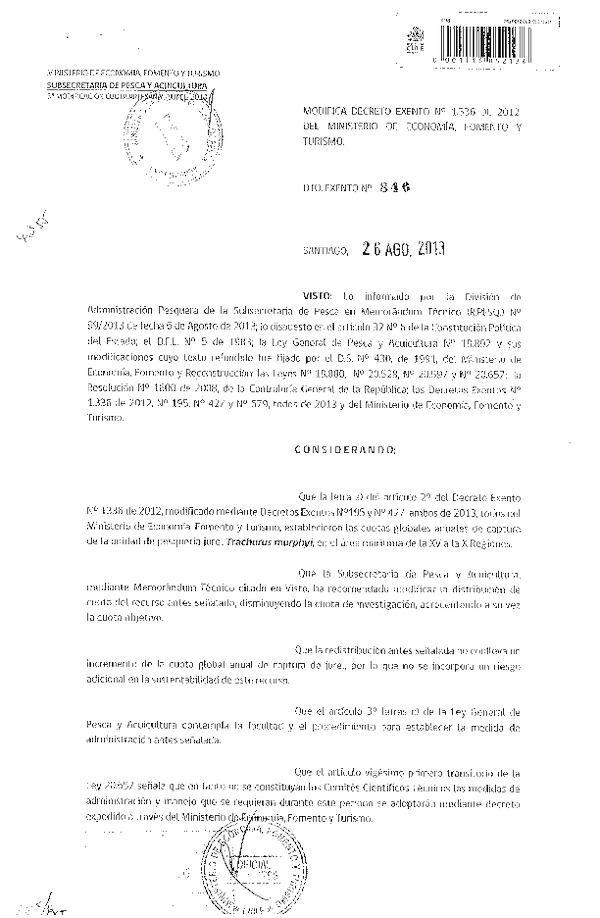 D EX Nº 846-2013 Modifica D EX Nº 1336 de 2012 Cuota de captura Jurel XV-X Región. (F.D.O 31-08-2013)