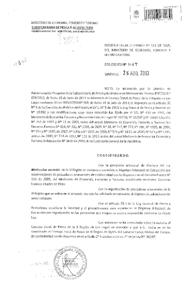D.EX Nº 847-2013 Modifica D EX Nº 114-2005 Merluza del sur XI Región. (F.D.O. 31-08-2013)