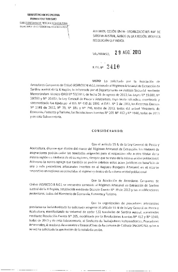 R EX Nº 2410-2013 Autoriza Cesión Sardina austral X Región.