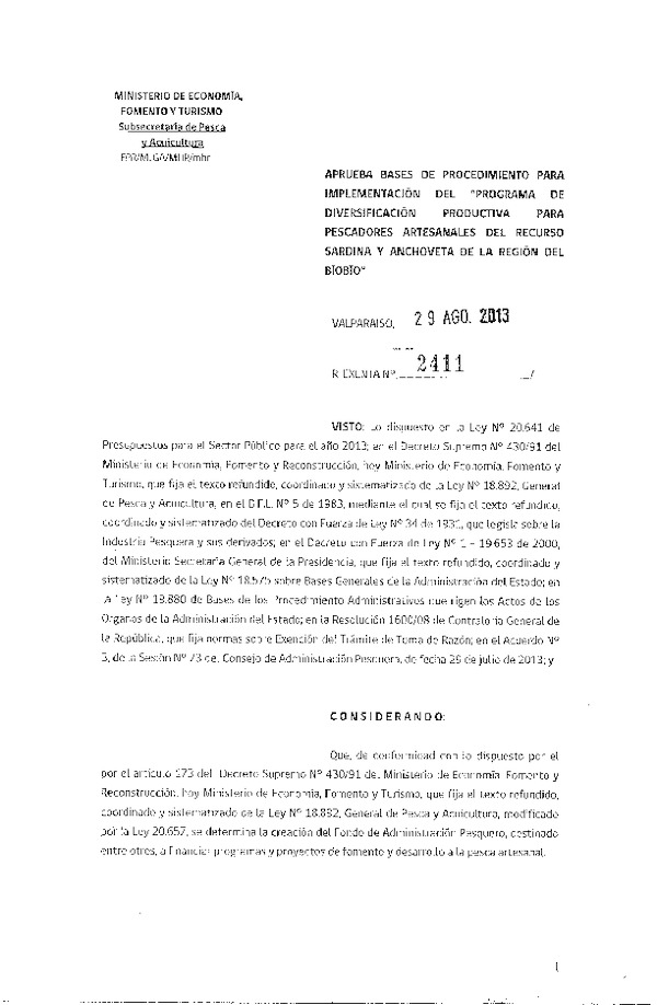 R EX 2411-2013 Aprueba bases de procedimientos para implementación del Programa de Diversificación Productiva para pescadores artesanales del recurso Sardina y Anchoveta de la Región del Bío Bío