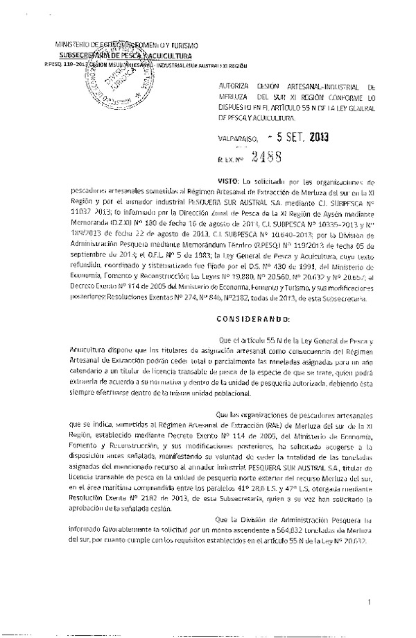 R EX Nº 2488-2013 Autoriza Cesión recurso Merluza del sur XI Región.