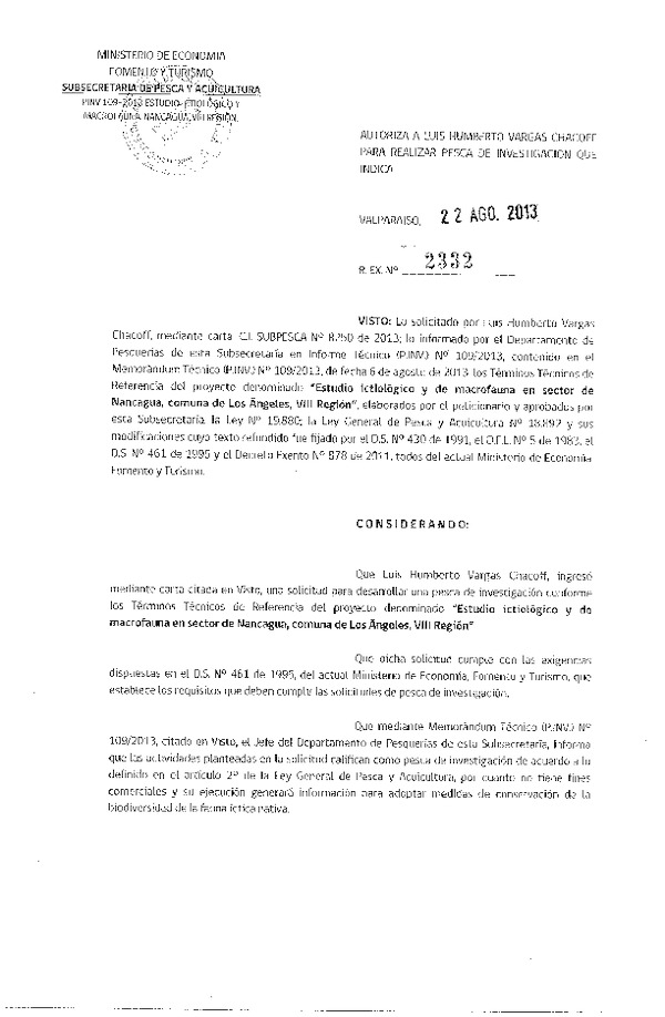 R EX Nº 2332-2013 Estudio ictológico y macrofauna, sector nancagua, comuna de Los Ángeles, VIII Región.