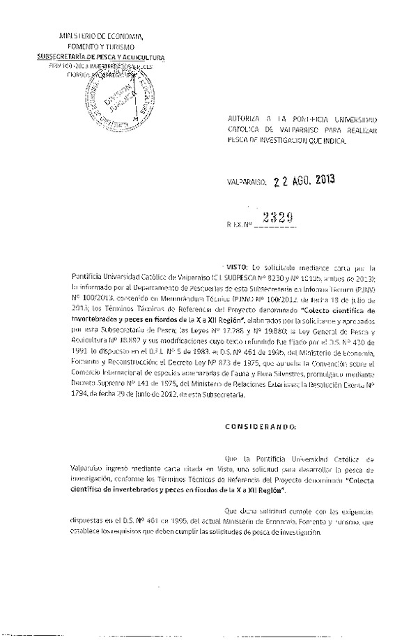 R EX Nº 2329-2013 Colecta científica de invertebrados y peces en fiordos de la X a XII Región.