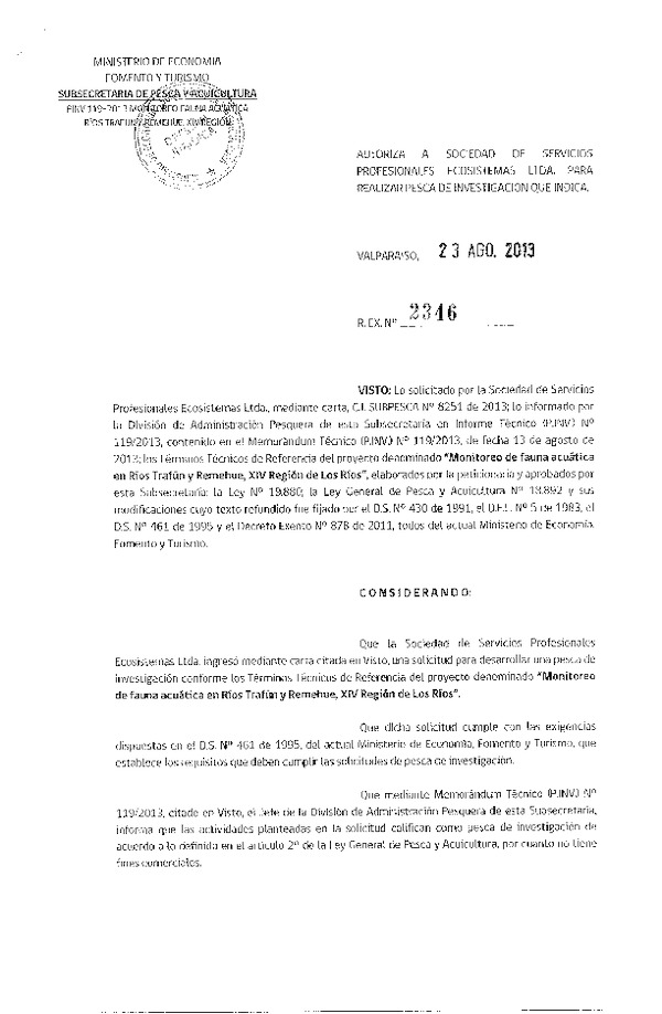 R EX Nº 2346-2013 Monitoreo fauna acuática Ríos Trafún y Remehue, XIV Región de los Ríos.