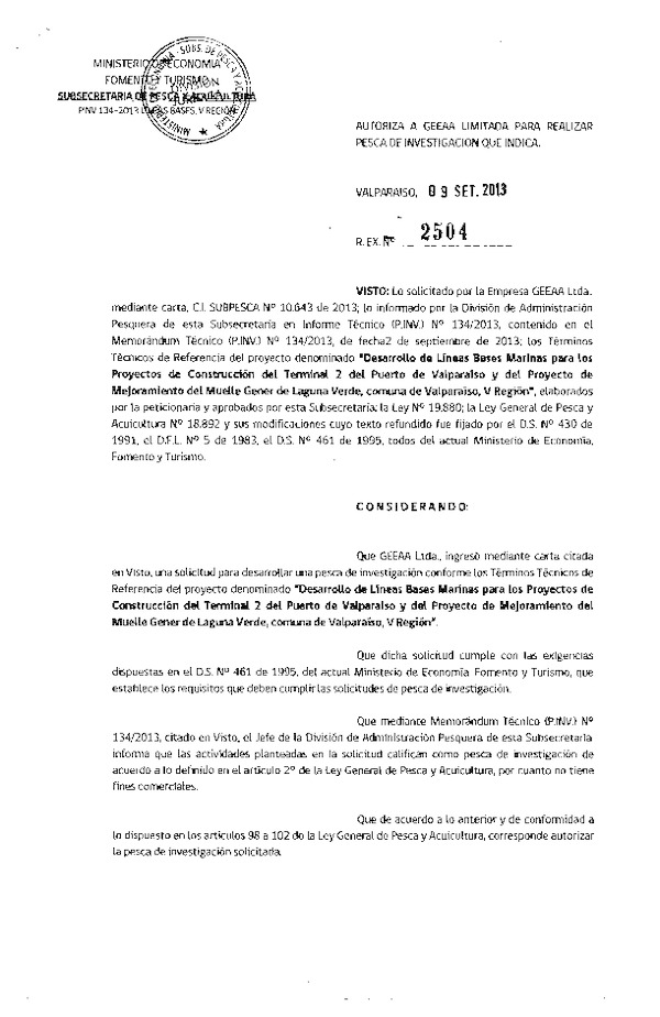 R EX Nº 2504-2013 Desarrollo de Líneas Bases Marinas Construcción Terminal 2 Puerto Valparaíso.