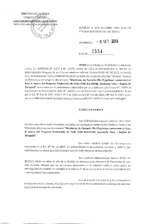 R EX Nº 2534-2013 Monitoreo de camarón de río I Región.