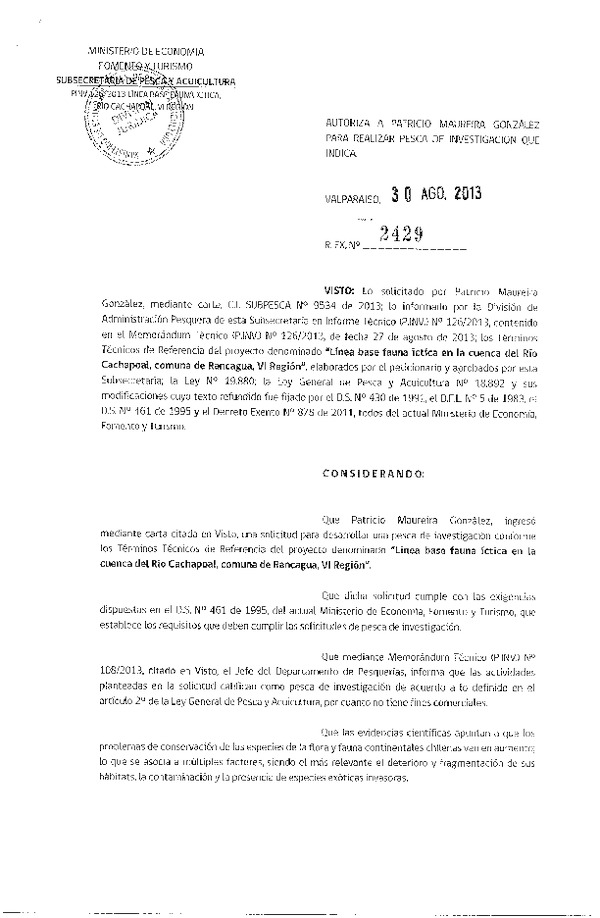 R EX Nº 2429-2013 Línea base fauna íctica en la cuenca del río Cachapoal, Rancagua VI Región.