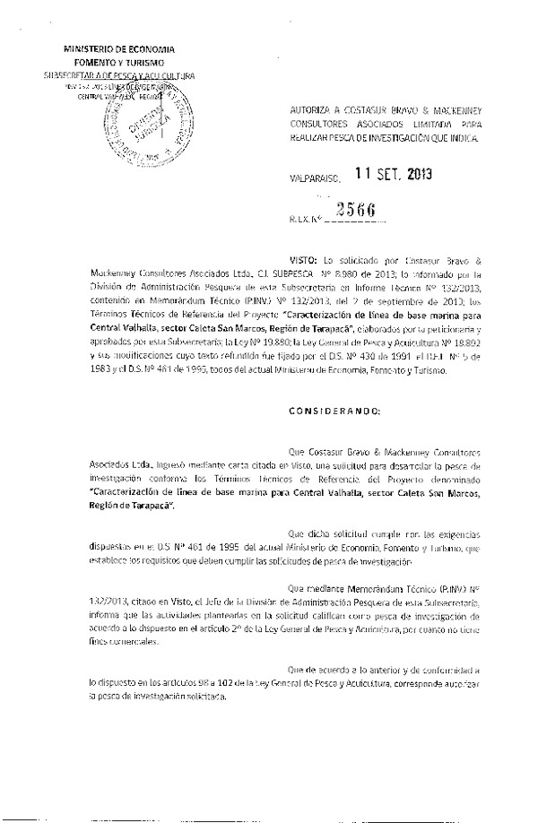 R EX Nº 2566-2013 Caracterización Línea de base marina central Valhalla, Región de Tarapacá.