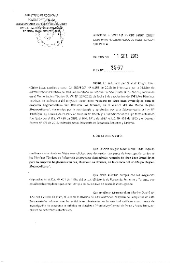 R EX Nº 2567-2013 Estudio de Línea de base Limnológica Región Metropolitana.