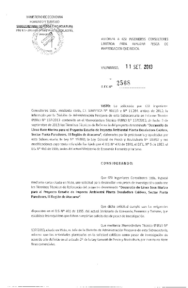 R EX Nº 2568-2013 Desarrollo de Línea marina Planta desaladora Caldera Sector Punta paredones III Región de Atacama.