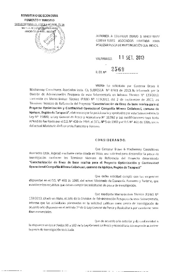 R EX Nº 2569-2013 Caracterización de Línea de base marina Proyecto optimización y continuidad operacional. Iquique.