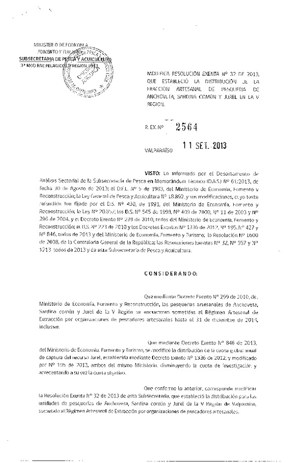 R EX 2564-2013 Modifica R EX Nº 32-2013 Distribución de la Fracción Artesanal de Jurel V Reg. (F.D.O. 23-09-2013)