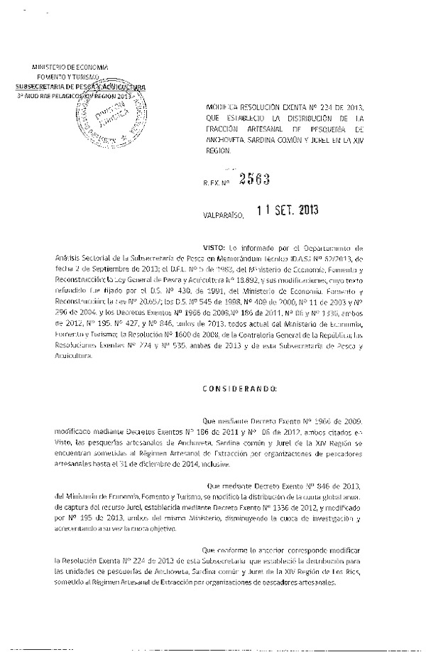 R EX 2563-2013 Modifica R EX Nº 224-2013 Distribución de la Fracción Artesanal de Jurel XIV Reg. (F.D.O. 24-09-2013)