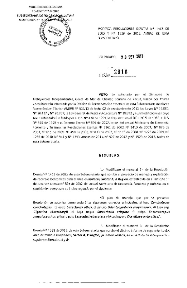 R EX Nº 2616-2013 MODIFICA RESOLUCIONES Nº 1413-2003 Y Nº 1529-2013.