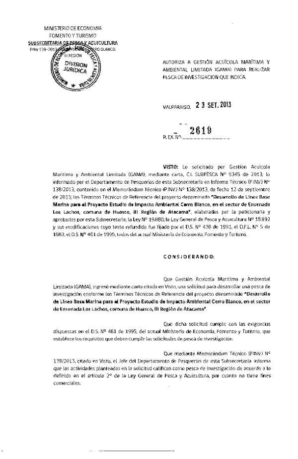 R EX Nº 2619-2013 Desarrollo de Líneas Bases Marina Estudio de impacto ambiental Cerro Blanco, en el sector de Ensenada Los Lachos, comuna de Huasco III Región de Atacama.