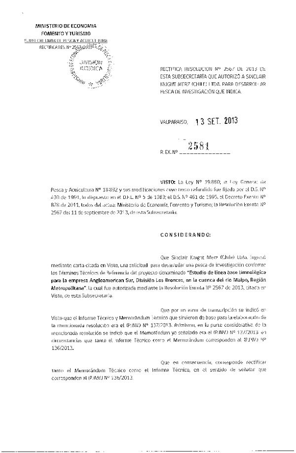 R EX Nº 2581-2013 Rectifica R EX Nº 2567-2013 Estudio de Línea de base Limnológica Región Metropolitana.