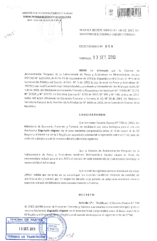 D EX Nº 969-2013 Modifica D EX Nº 749-2013 Veda biológica Anchoveta XV-II Región (F.D.O. 25-09-2013)