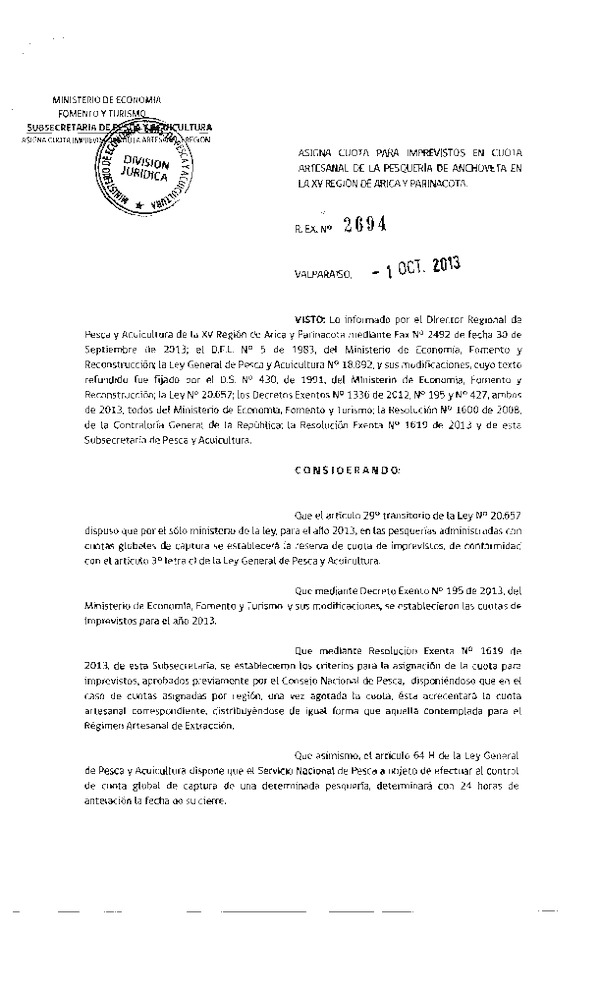 Resolución Nº 2694-2013 Asigna cuota Imprevistos en Cuota Artesanal de la Pesquería Anchoveta XV Región. (F.D.O. 05-10-2013)