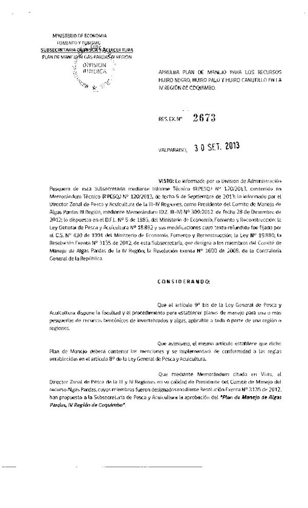 R EX Nº 2673-2013 Aprueba Plan de manejo para los recursos Huiro negro, Huiro palo y Huiro canutillo, IV Región de Coquimbo. (F.D.O. 05-10-2013)
