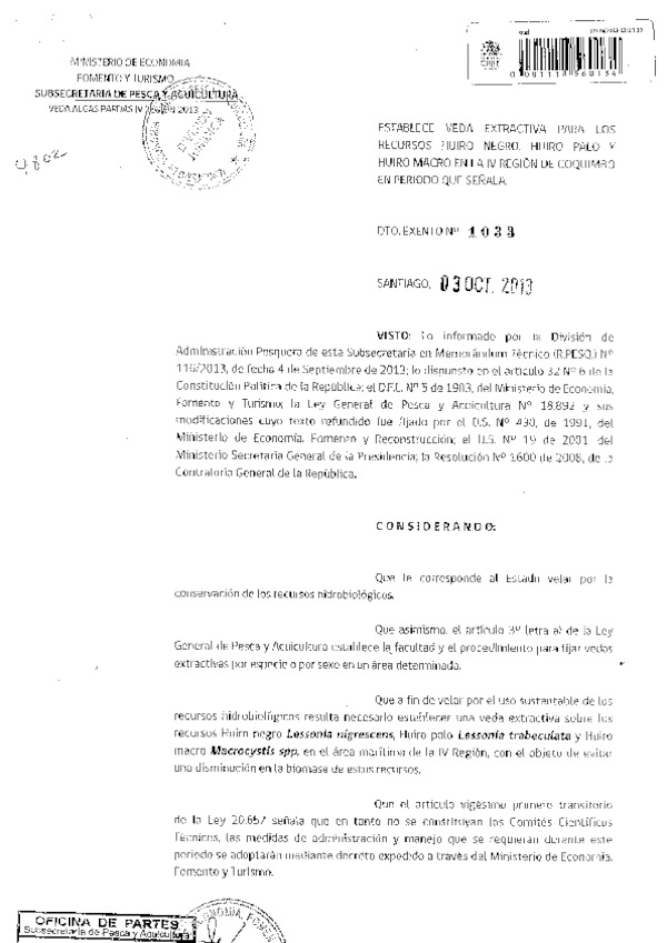 D EX Nº 1033-2013 Establece veda extractiva recurso huiro negro, huiro palo y huiro macro en la IV Región. (F.D.O. 08-10-2013)