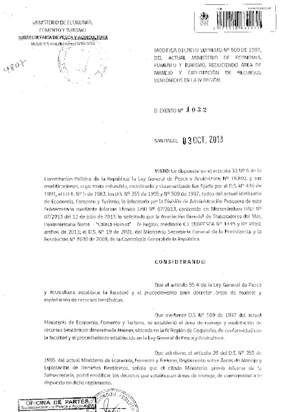 D EX Nº 1032-2013 Modifica D.S. Nº 509-1997 área de manejo Hornos IV Región. (F.D.O. 08-10-2013)