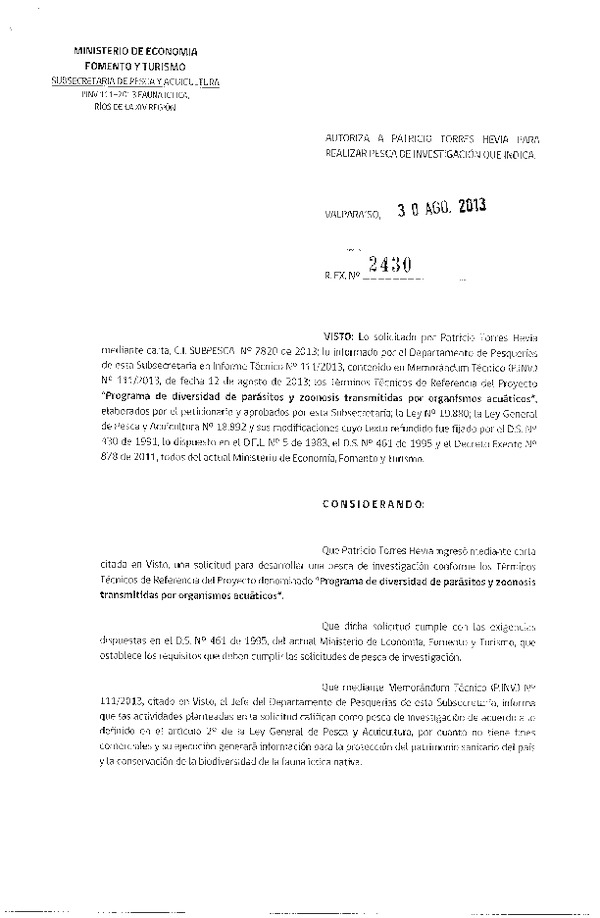 R EX Nº 2430-2013 Programa de diversidad de parásitos y zoonosis transmitidas por organismos acuáticos.