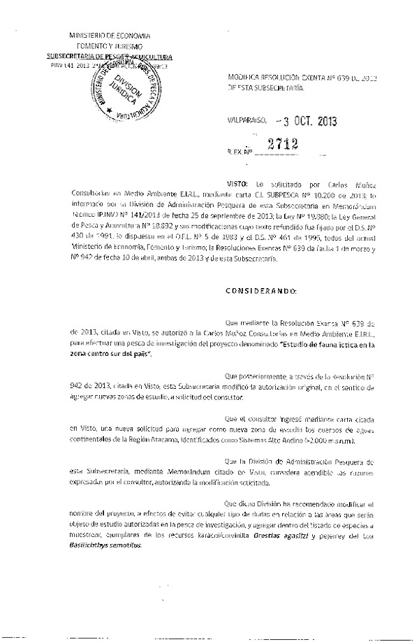 R EX Nº 2712-2013 Modifica R EX Nº 639-2013 Fauna íctica en la zona centro sur del país.