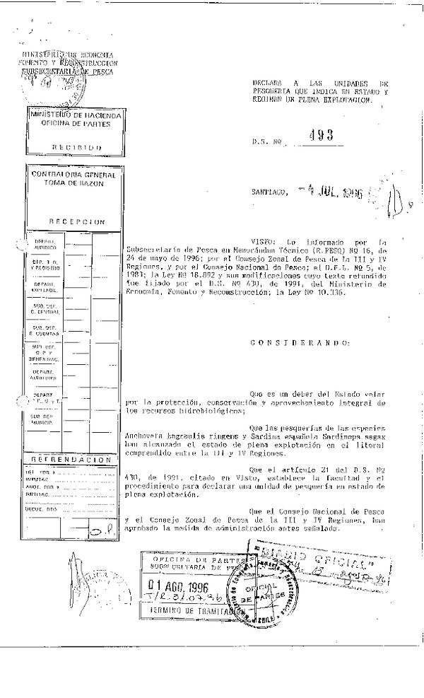 D.S. Nº 493-1996 Declara las Unidades de Pesquerías en Estado y Régimen de Plena Explotación