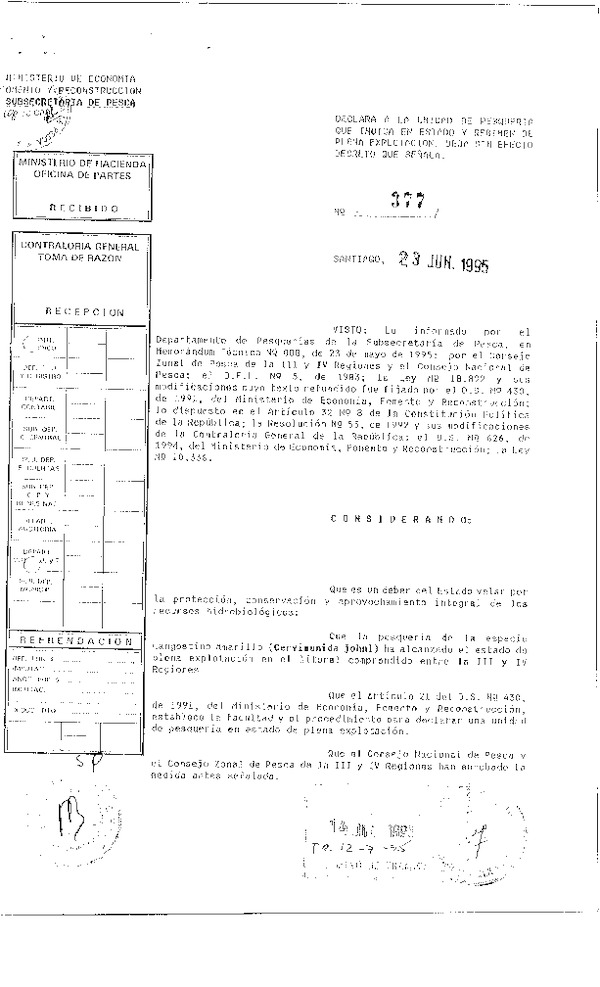 D.S. Nº 377-95 Declara Estado y Régimen de Plena Explotación Langostino amarillo III-IV Regiones.