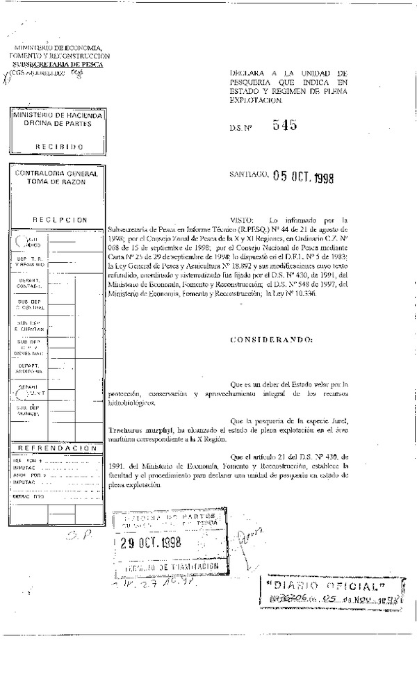 D.S. Nº 545-98 Declara Estado y Régimen de Plena Explotación X Región.