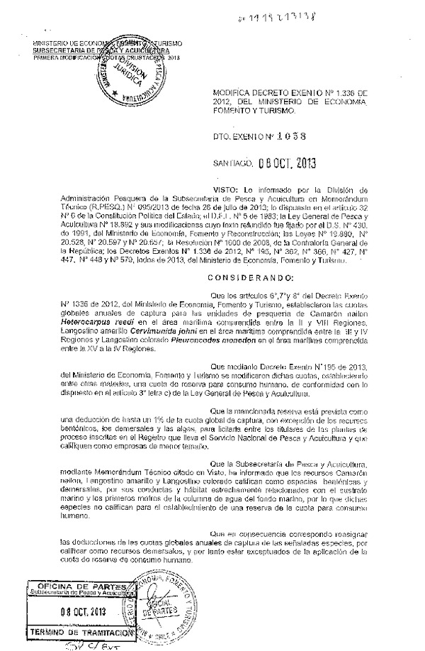 D EX Nº 1058-2013 Modifica D EX Nº 1336 de 2012 Cuota de captura Crustáceos XV-VIII Región. (F.D.O 14-10-2013)