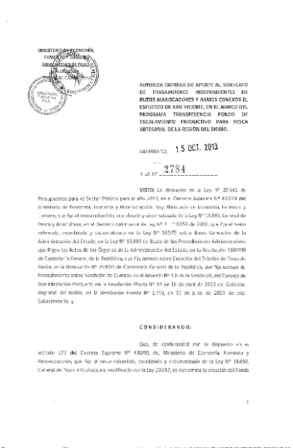 R EX Nº 2784-2013 Autoriza entrega de Aporte al Sindicato de Trabajadores Independientes de Buzos Mariscadores y Ramos Conexos del Esfuerzo en San Vicente, en el Marco del Programa Transferencia Fondo de escalamiento Productivo para Pesca Artesanal de la Región del Bío Bío..