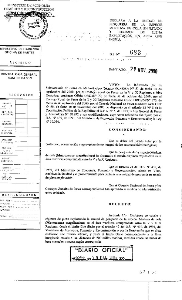 D.S. Nº 683-00 Declara Estado y Régimen de Plena Explotación Merluza de Cola V-X Regiones