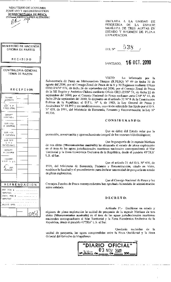 D.S. Nº 538-00 Declara Estado y Régimen de Plena Explotación Merluza de tres Aletas 41º28,6' L.S.