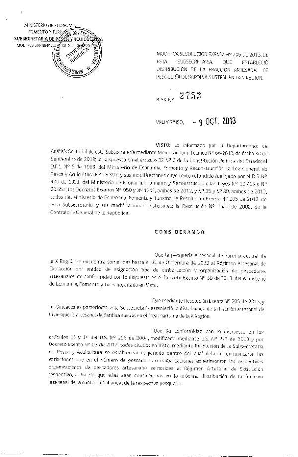 R EX 2753-2013 Modifica R EX Nº 205-2013 Distribución de la Fracción Artesanal de Sardina Austral X Reg. (F.D.O. 17-10-2013)