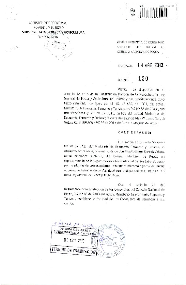 D.S. Nº 130-2013 Acepta Renuncia al Consejo Nacional de Pesca. (F.D.O. 17-10-2013)