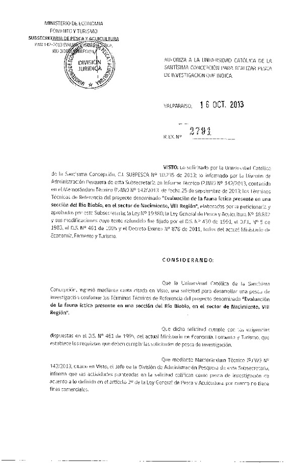 R EX Nº 2791-2013 Evaluación fauna íctica sección del Río Biobío, VIII Región.