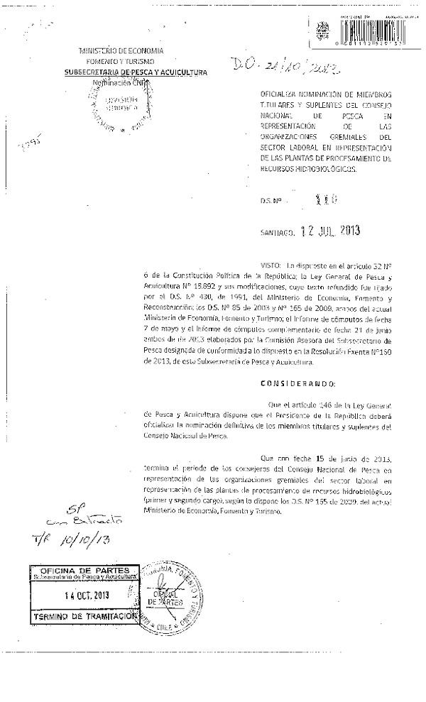 D.S. N° 110-2013 Oficializa Nominación de Consejeros del Consejo Nacional de Pesca (F.D.O. 21-10-2013)