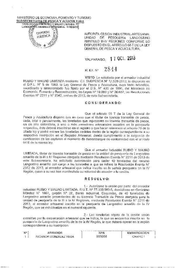 R EX Nº 2844-2013 Autoriza Cesión recurso Langostino Amarillo III-IV Región.