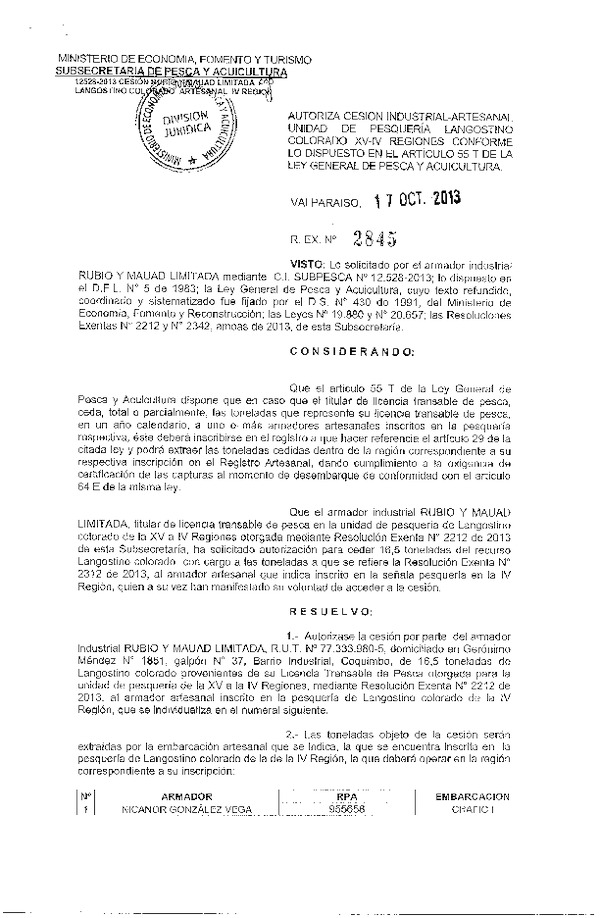 R EX Nº 2845-2013 Autoriza Cesión recurso Langostino Colorado XV-IV Región.