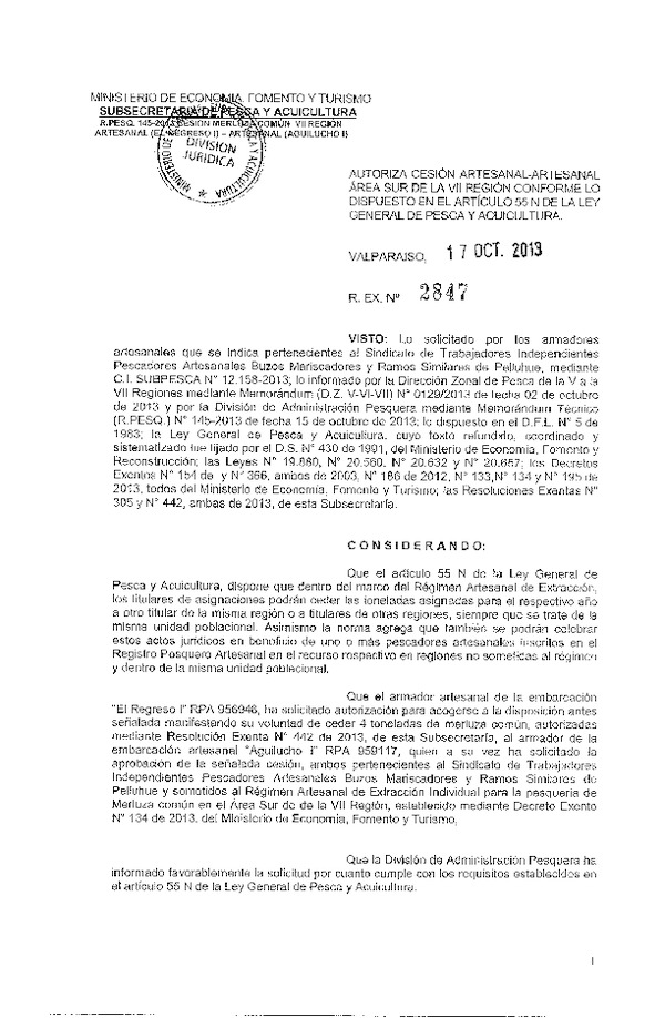 R EX Nº 2847-2013 Autoriza Cesión recurso Merluza Común VII Región.