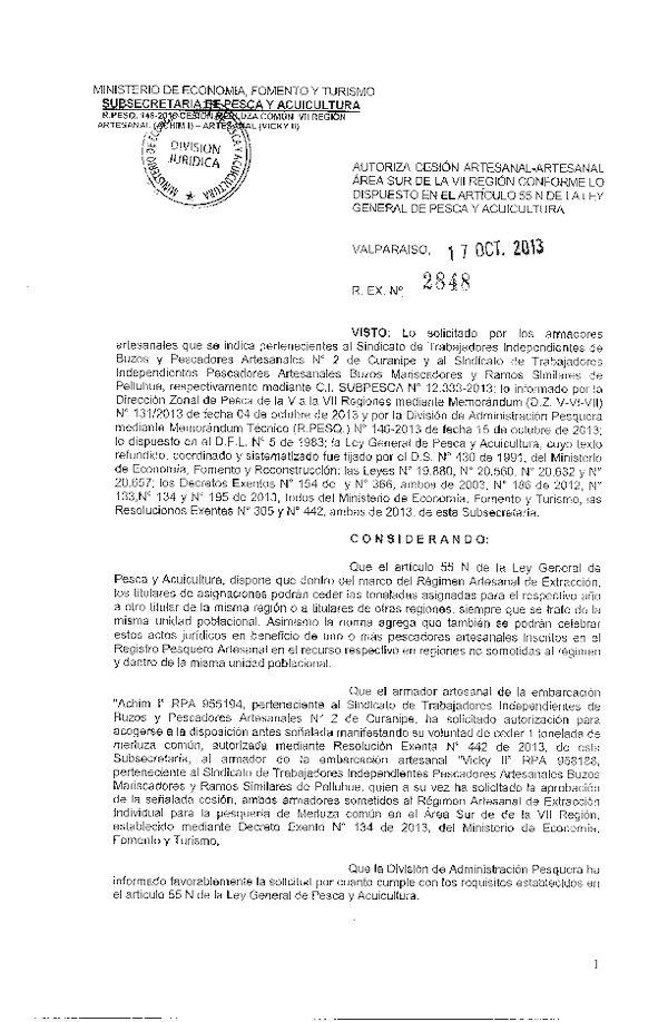 R EX Nº 2848-2013 Autoriza Cesión recurso Merluza Común VII Región.