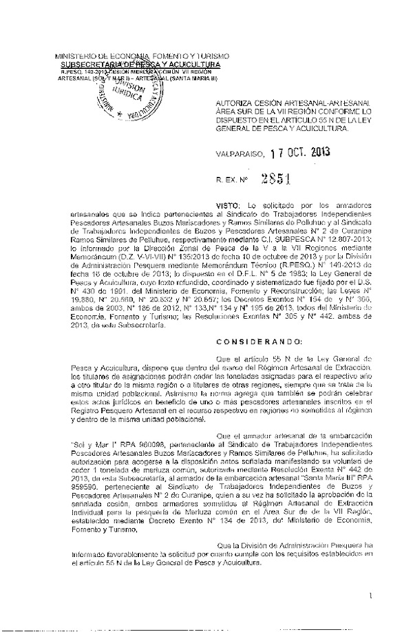 R EX Nº 2851-2013 Autoriza Cesión recurso Merluza Común VII Región.