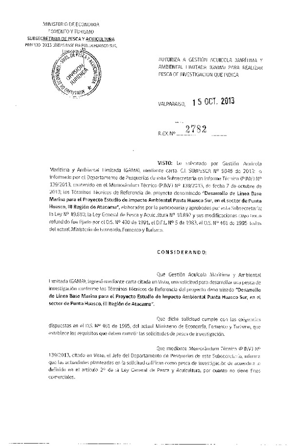 R EX Nº 2782-2013 Desarrollo línea base marina Estudio Impacto Ambiental Punta Huasco Sur. III Reg