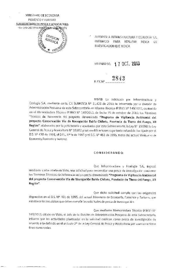 R EX Nº 2843-2013 Programa de vigilancia ambiental proyecto Conservación Vía de Nevegación Bahía Chilota XII Reg.