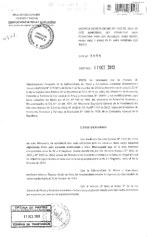 D EX Nº 1088-2013 Modifica D EX Nº 1310-2010 Veda extractiva recurso huiro negro, huiro palo y huiro macro en la XV-IV Región. (F.D.O. 24-10-2013)